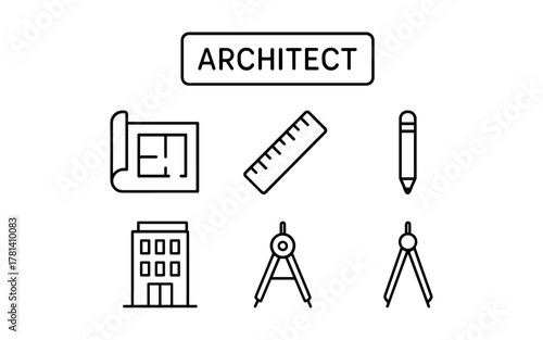 Architect line art icons set: blueprint, tools, and building design