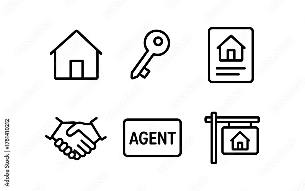 Obraz premium Minimalist real estate icons: house, key, agent, contract, handshake