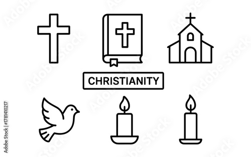 Christian symbols collection: cross, bible, church, dove, candle in linear style