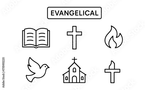 Evangelical symbols: cross, bible, church, dove, flame illustrations