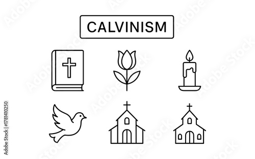 Calvinism symbols: bible, cross, tulip, candle, dove, church in minimal outline design