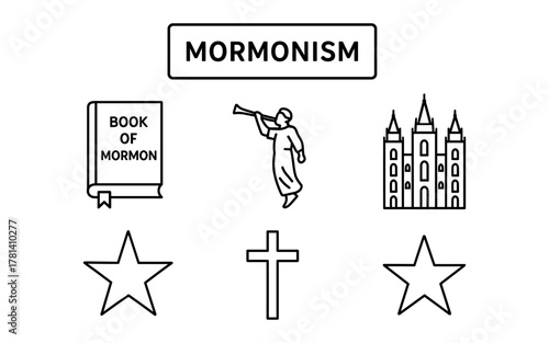 Mormonism symbols: angel, temple, and book of mormon icon set