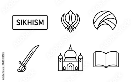 Sikh symbols and icons: khanda, turban, and temple line art