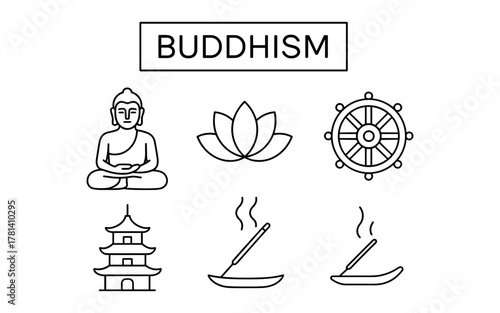 Minimalist buddhism icons: buddha, lotus, dharma wheel, pagoda, incense