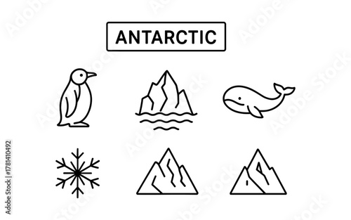 Antarctic wildlife and nature icon set featuring penguin, whale, and snowy peaks