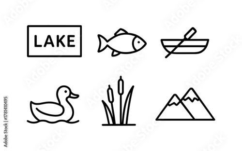 Lake icon set: fish, boat, duck, cattails, sign, mountains in minimalist design