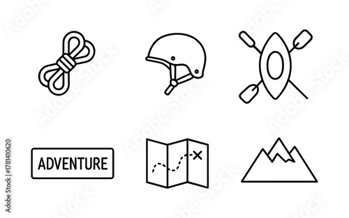 Outdoor adventure icons: flat linear design of rope, helmet, kayak, map, and mountains