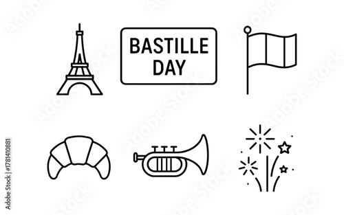 Linear icons celebrating bastille day: eiffel tower, french flag, croissant, and more