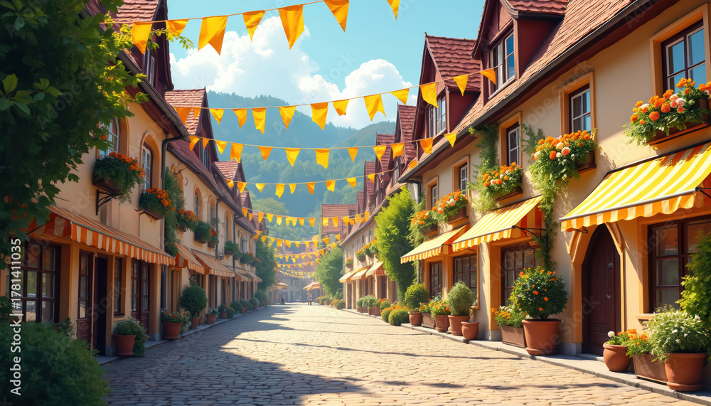 Obraz premium Cobblestone street lined with traditional buildings adorned with orange flowers and yellow bunting flags. Mountains rise in background. Blue sky with white clouds.