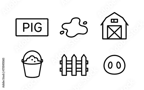 Farm icons: pig sign, mud splash, barn, feed bucket, fence, snout in outline style