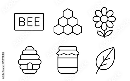 Minimalist icons: bee elements including honeycomb, flower, leaf, and hive