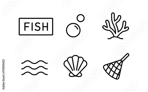 Minimalist marine icons set featuring fish, coral, and seashell in linear style
