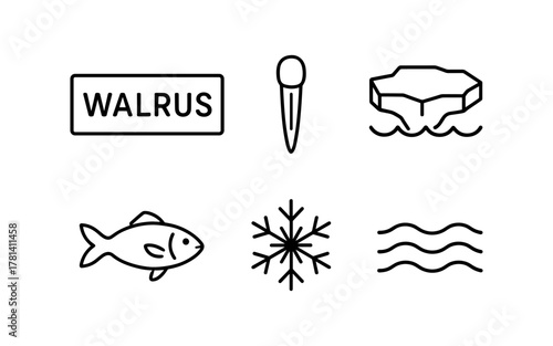 Minimalist arctic icons: walrus, fish, iceberg, snowflake, waves, pole