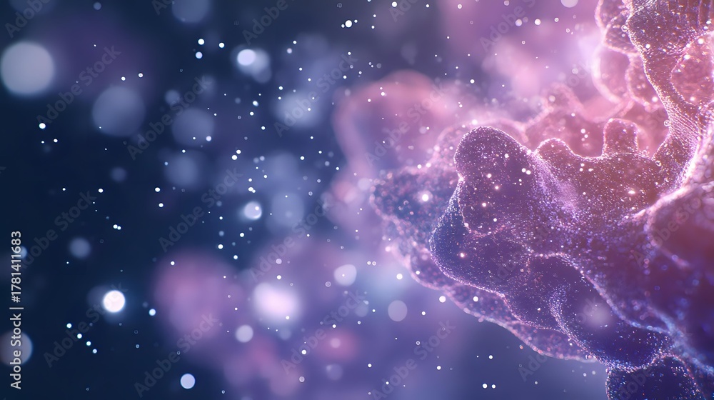 Obraz premium Cosmic nebula with glowing pink and purple energy formations against deep blue space background with luminous particles.