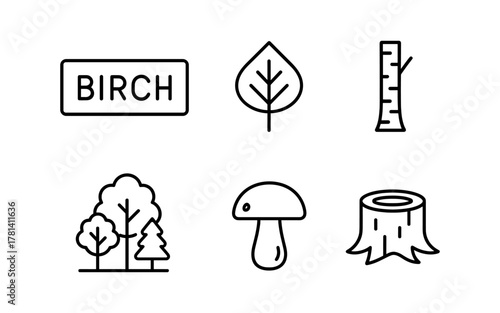 Minimalistic birch tree elements with forest and mushroom