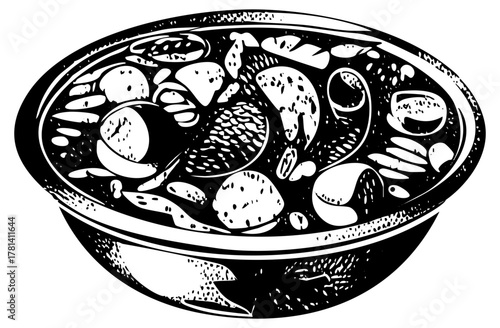 Soup overflows with ingredients in a ceramic bowl