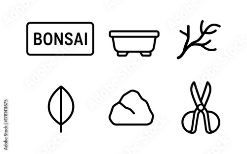 Minimalist bonsai gardening icons: tools and elements for beginners