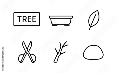 Minimalist bonsai gardening tools and elements in black outline
