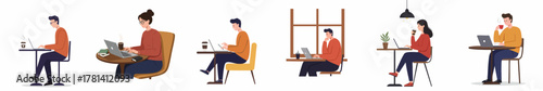 Flat Style Various People Working at Desk Illustration in Different Poses