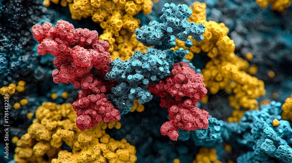 Fototapeta premium Colorful microscopic view of molecular structures with red, blue, and yellow clusters forming intricate patterns against dark background.