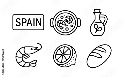 Spanish cuisine icons: paella, olive oil, shrimp, citrus, and bread in linear style
