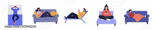 Flat Illustration Various People Relaxing at Home with Mobile Phone Set