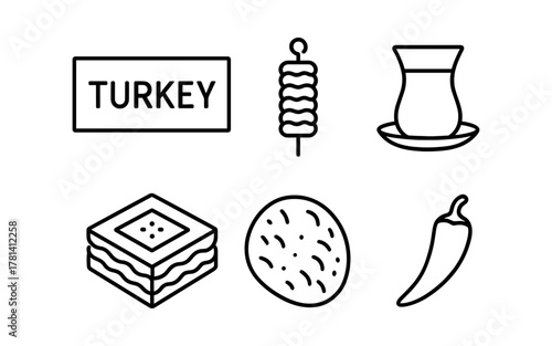 Minimalist icons of turkish culture: tea, kebab, delight, spices, and baklava