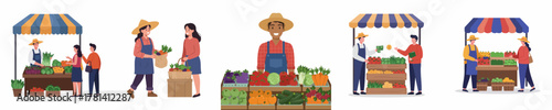 Detailed Illustration of Local Farmer Market with Variety People and Product