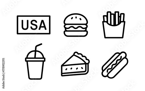 Minimalist american food icons: burger, hot dog, fries, and more in linear style