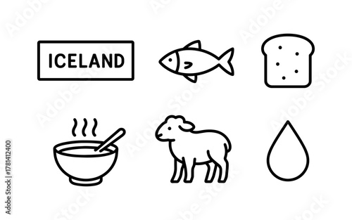 Simple icons of icelandic culture including food, animal, and nature