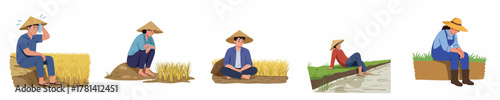 Flat Illustration Set of Asian Farmer with Rice Field in Various Poses