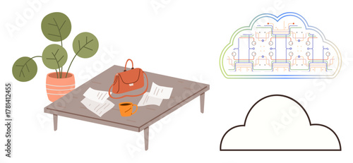 Wooden table with papers, bag, and coffee cup, potted plant nearby, conceptual cloud network with circuits. Ideal for work-from-home, organization, cloud computing, data storage technology