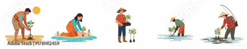 Illustrated Diverse People Planting Trees in Coastal Mangrove Environment Scene