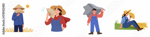 Flat Illustration Various Farmers Feeling Hot in Summer Season with Hand Fan