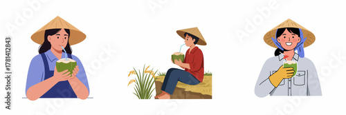Flat Illustration Three Farmers Wearing Conical Hats Drinking Coconut Juice
