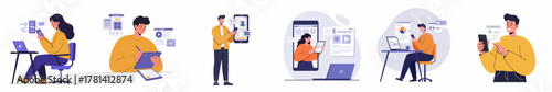 Minimalist Flat Illustration Set of People Using Digital Devices