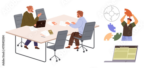Two professionals discussing ideas at a table, worker assembling puzzle pieces, digital tools. Ideal for teamwork, brainstorming, problem-solving, collaboration, strategic planning, innovation