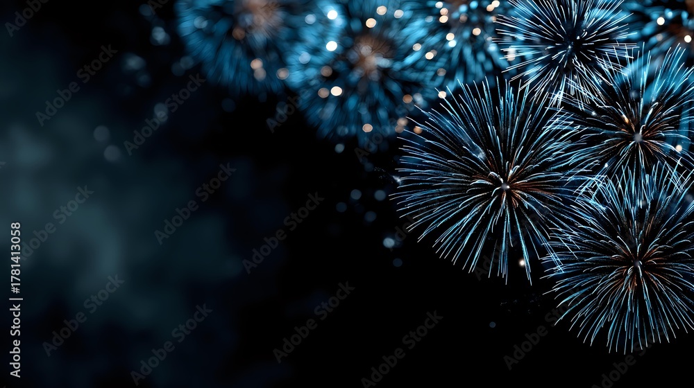 Naklejka premium Spectacular blue and white fireworks exploding against dark night sky, creating festive atmosphere for celebration events and holiday backgrounds.