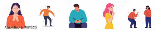 Flat Illustration Different People Expressing Anxiety and Nervousness Set of Character