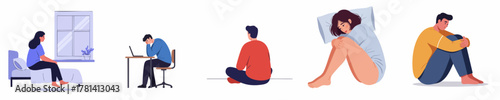 Flat Illustration Set Showing Loneliness and Depression, Mental Health Awareness
