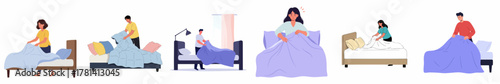 Simple Flat Style People Making Bed in Bedroom Illustration Set
