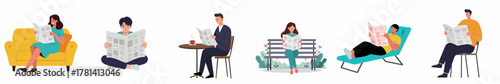 Diverse Flat Illustration of People Reading Newspapers in Various Situations