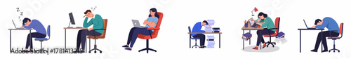 Flat Style Illustration of Burnout Employee in Various Stages of Exhaustion