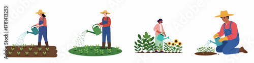 Flat Style Various Farmer Watering Plant Illustration Scene Agriculture Concept