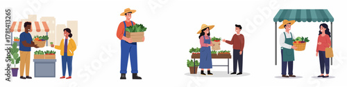 Flat Illustration People Buying and Selling Organic Produce at Farmers Market