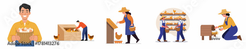 Flat Illustration Set People Collecting Eggs in a Basket in a Farm