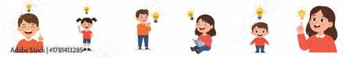 Cartoon Illustration of diverse Children and Adults with Bright Idea Lightbulbs