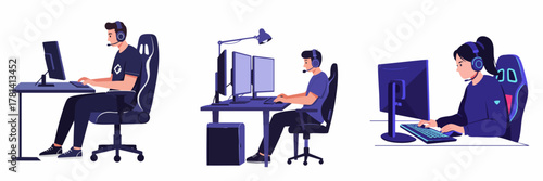 Flat Illustration Person Character Sitting Playing Game at Computer Station Set