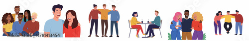 Diverse Flat Illustration of Smiling Friends and Couple Various Activity