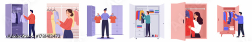 Colorful Flat Illustration of People Arranging and Selecting Clothes in Wardrobe
